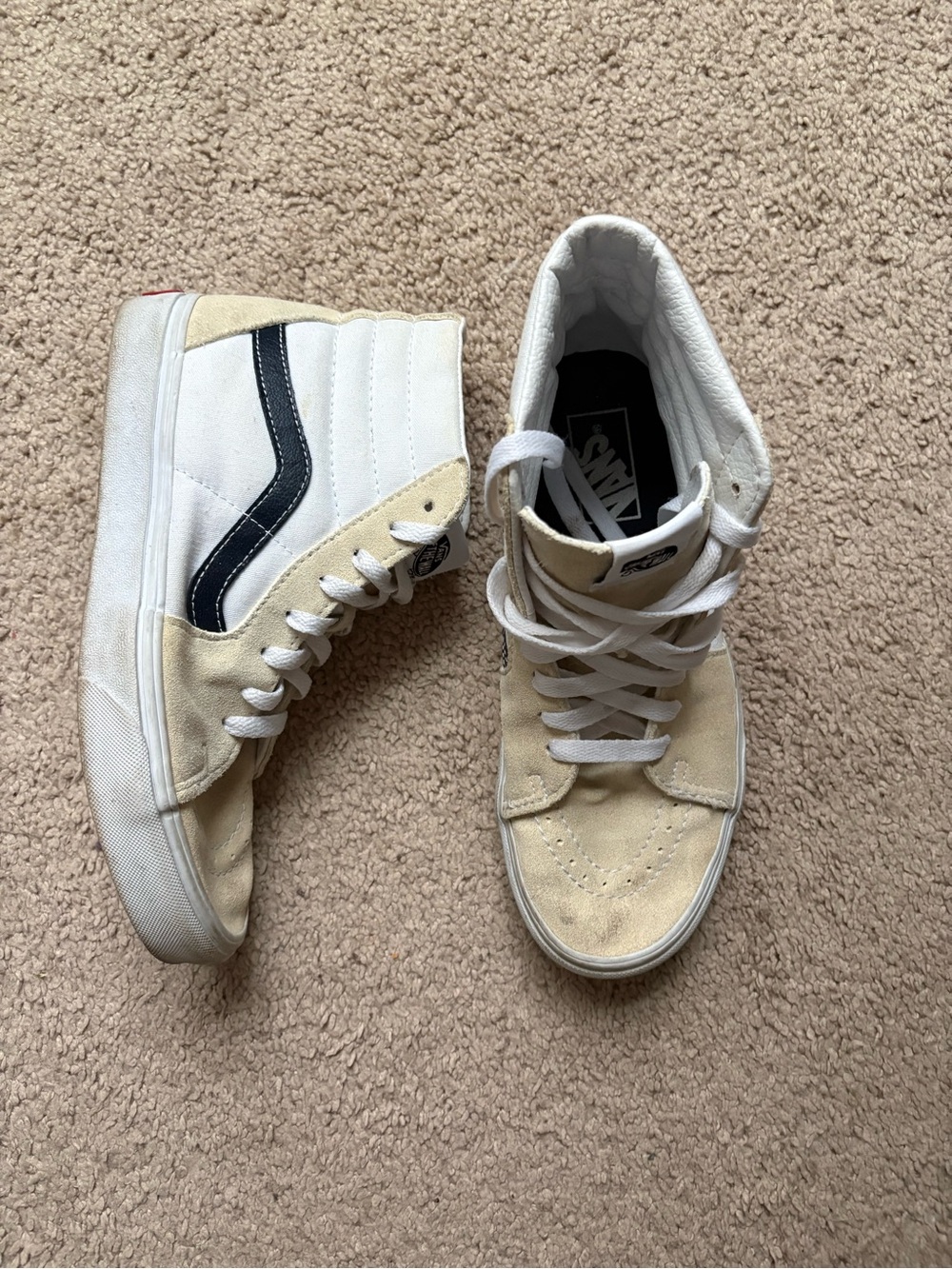 Vans High Top Sneakers in Cream and Black Stripe